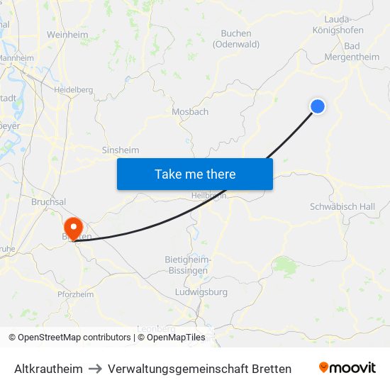 Altkrautheim to Verwaltungsgemeinschaft Bretten map