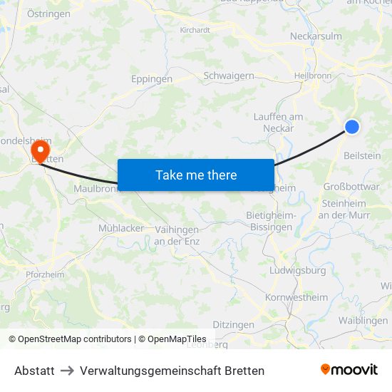 Abstatt to Verwaltungsgemeinschaft Bretten map