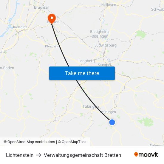 Lichtenstein to Verwaltungsgemeinschaft Bretten map