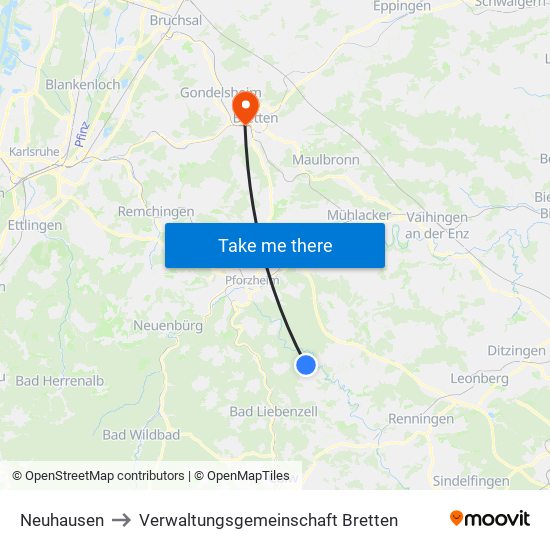 Neuhausen to Verwaltungsgemeinschaft Bretten map