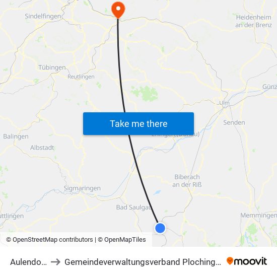 Aulendorf to Gemeindeverwaltungsverband Plochingen map