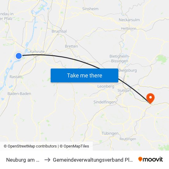 Neuburg am Rhein to Gemeindeverwaltungsverband Plochingen map