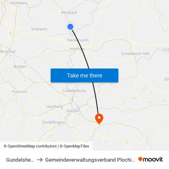 Gundelsheim to Gemeindeverwaltungsverband Plochingen map