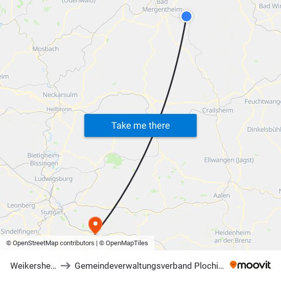 Weikersheim to Gemeindeverwaltungsverband Plochingen map