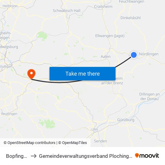 Bopfingen to Gemeindeverwaltungsverband Plochingen map