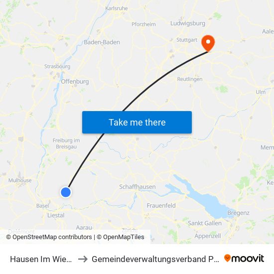 Hausen Im Wiesental to Gemeindeverwaltungsverband Plochingen map