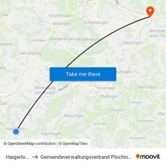 Haigerloch to Gemeindeverwaltungsverband Plochingen map