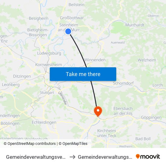 Gemeindeverwaltungsverband Steinheim-Murr to Gemeindeverwaltungsverband Plochingen map