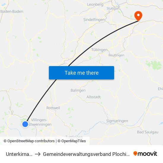 Unterkirnach to Gemeindeverwaltungsverband Plochingen map