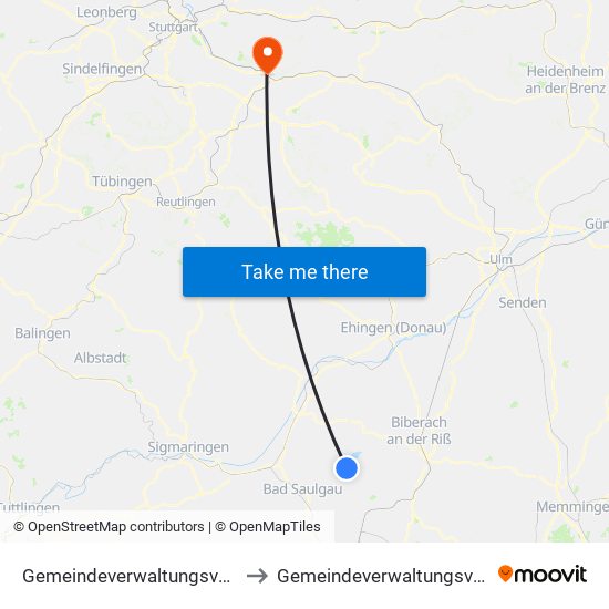 Gemeindeverwaltungsverband Bad Buchau to Gemeindeverwaltungsverband Plochingen map