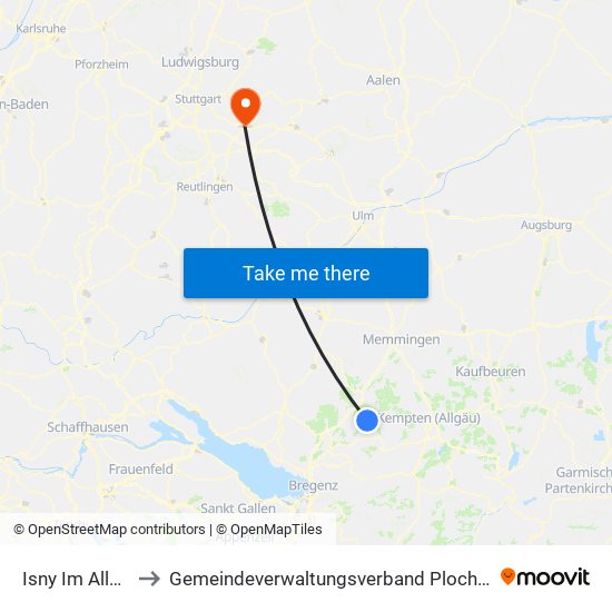 Isny Im Allgäu to Gemeindeverwaltungsverband Plochingen map