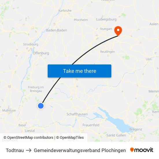 Todtnau to Gemeindeverwaltungsverband Plochingen map