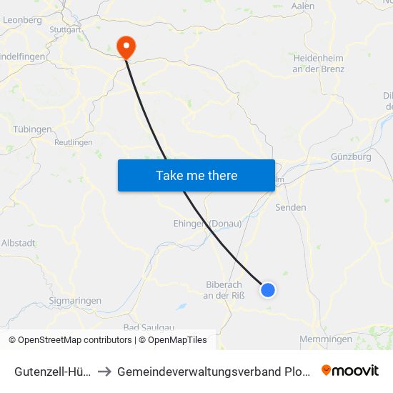 Gutenzell-Hürbel to Gemeindeverwaltungsverband Plochingen map