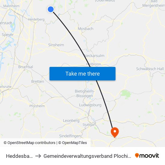 Heddesbach to Gemeindeverwaltungsverband Plochingen map