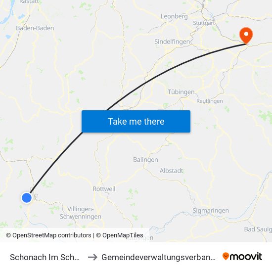 Schonach Im Schwarzwald to Gemeindeverwaltungsverband Plochingen map