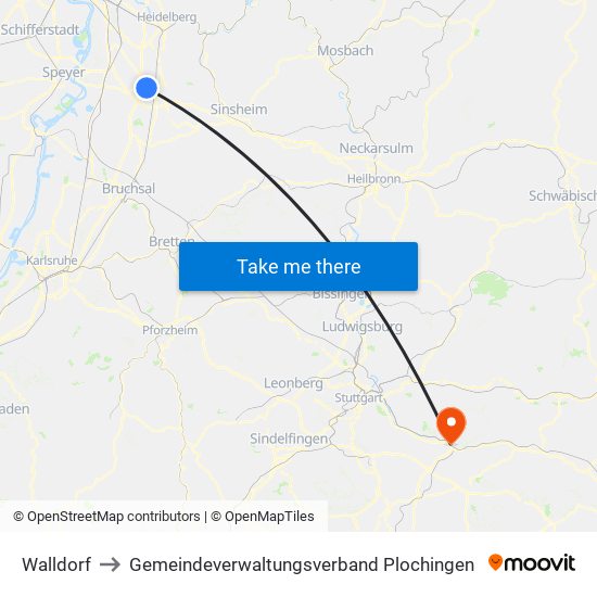 Walldorf to Gemeindeverwaltungsverband Plochingen map
