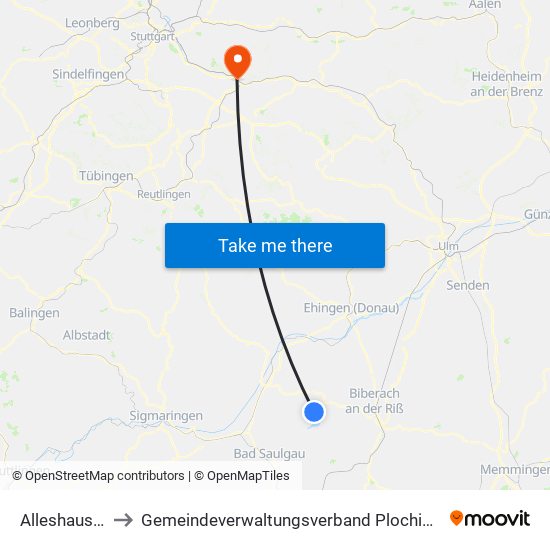 Alleshausen to Gemeindeverwaltungsverband Plochingen map