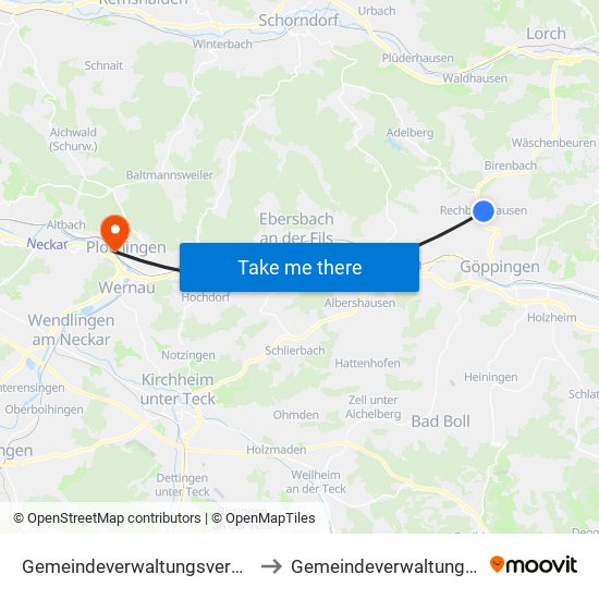 Gemeindeverwaltungsverband Östlicher Schurwald to Gemeindeverwaltungsverband Plochingen map