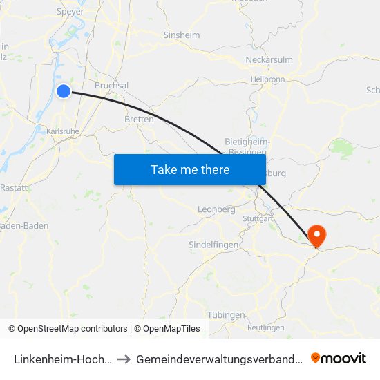 Linkenheim-Hochstetten to Gemeindeverwaltungsverband Plochingen map