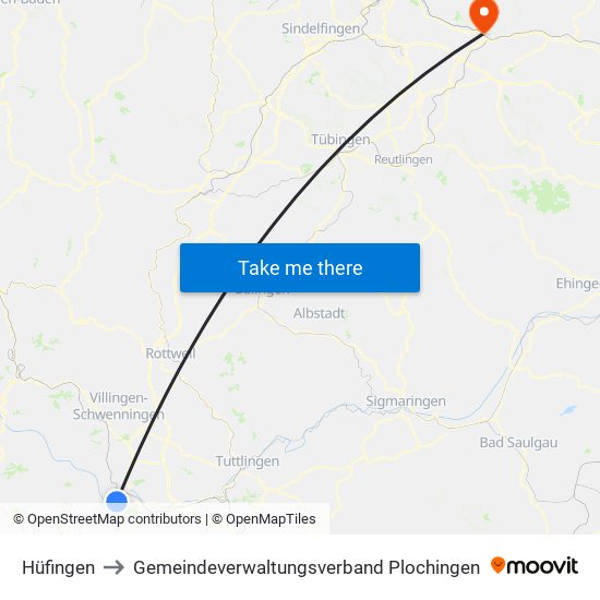 Hüfingen to Gemeindeverwaltungsverband Plochingen map