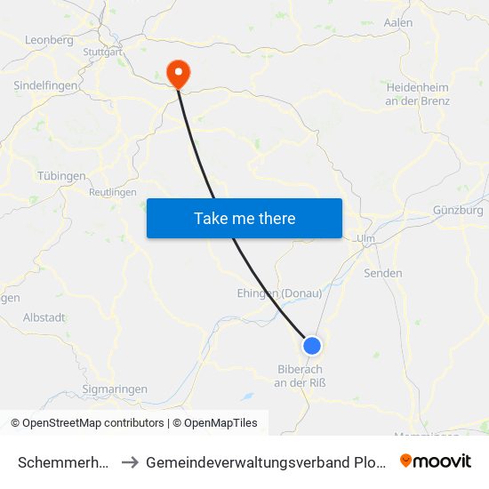 Schemmerhofen to Gemeindeverwaltungsverband Plochingen map