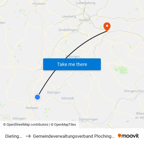 Dietingen to Gemeindeverwaltungsverband Plochingen map