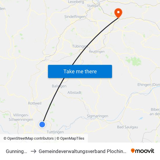 Gunningen to Gemeindeverwaltungsverband Plochingen map