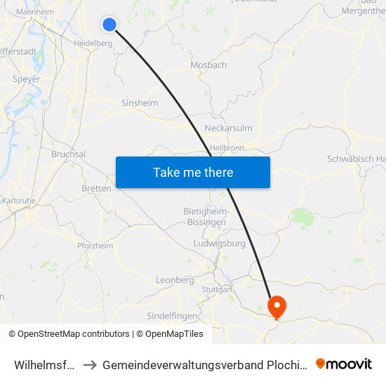 Wilhelmsfeld to Gemeindeverwaltungsverband Plochingen map