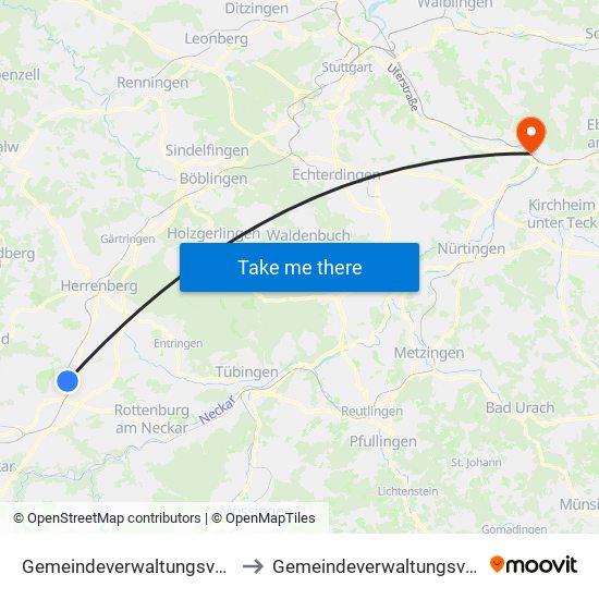 Gemeindeverwaltungsverband Oberes Gäu to Gemeindeverwaltungsverband Plochingen map