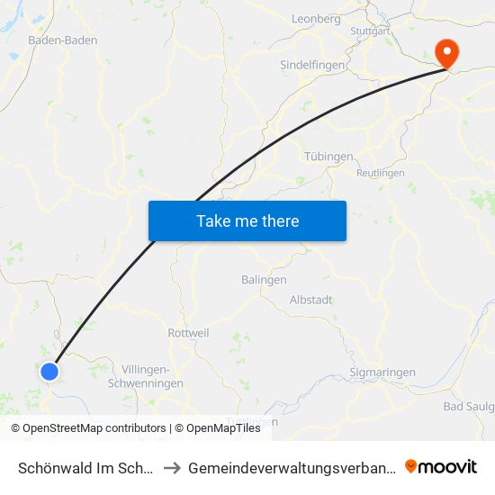 Schönwald Im Schwarzwald to Gemeindeverwaltungsverband Plochingen map