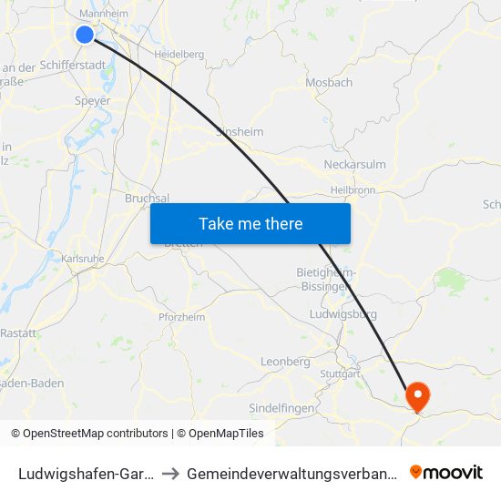 Ludwigshafen-Gartenstadt to Gemeindeverwaltungsverband Plochingen map