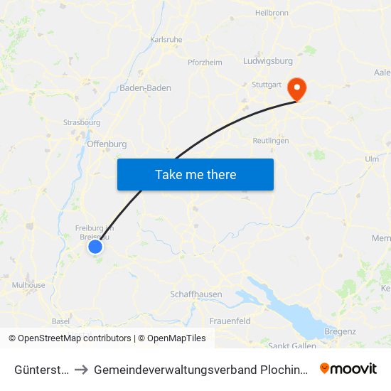 Günterstal to Gemeindeverwaltungsverband Plochingen map