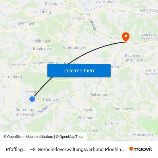 Pfäffingen to Gemeindeverwaltungsverband Plochingen map