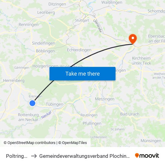 Poltringen to Gemeindeverwaltungsverband Plochingen map