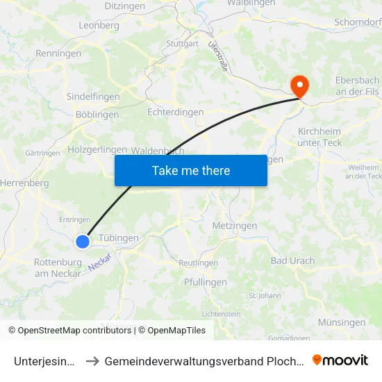 Unterjesingen to Gemeindeverwaltungsverband Plochingen map