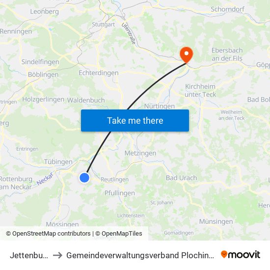 Jettenburg to Gemeindeverwaltungsverband Plochingen map