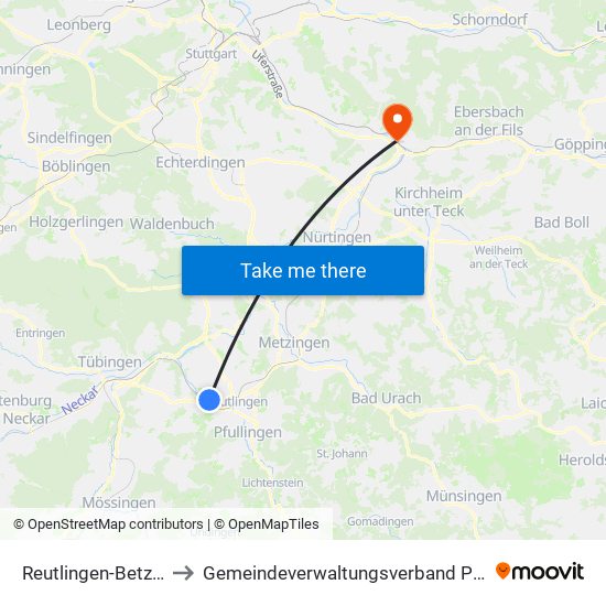 Reutlingen-Betzingen to Gemeindeverwaltungsverband Plochingen map