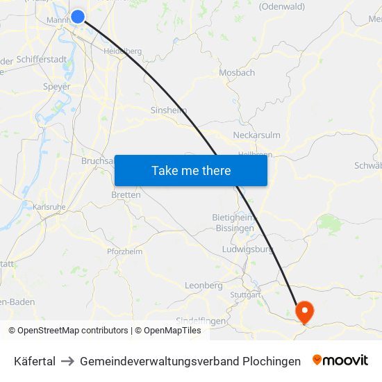 Käfertal to Gemeindeverwaltungsverband Plochingen map