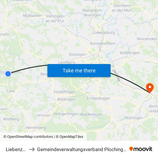 Liebenzell to Gemeindeverwaltungsverband Plochingen map