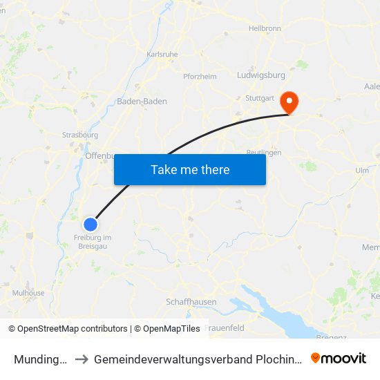 Mundingen to Gemeindeverwaltungsverband Plochingen map