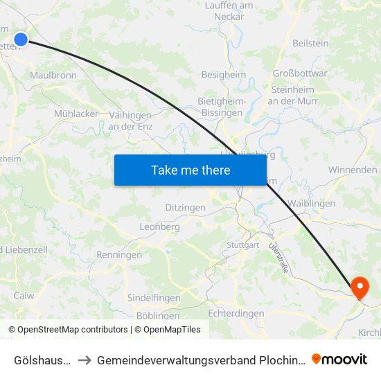 Gölshausen to Gemeindeverwaltungsverband Plochingen map