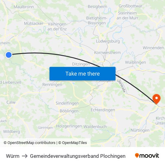 Würm to Gemeindeverwaltungsverband Plochingen map