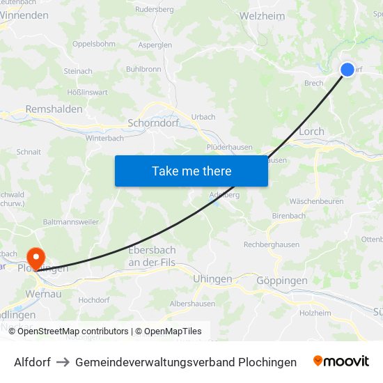 Alfdorf to Gemeindeverwaltungsverband Plochingen map