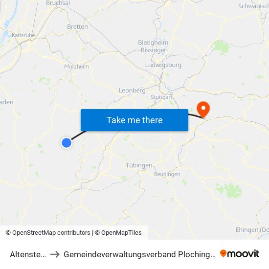 Altensteig to Gemeindeverwaltungsverband Plochingen map