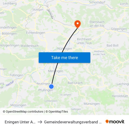 Eningen Unter Achalm to Gemeindeverwaltungsverband Plochingen map