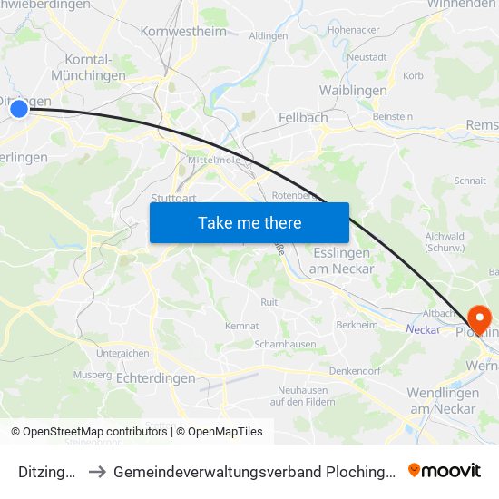 Ditzingen to Gemeindeverwaltungsverband Plochingen map