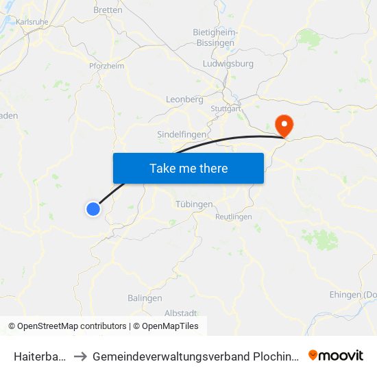 Haiterbach to Gemeindeverwaltungsverband Plochingen map