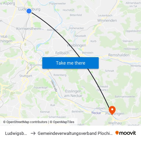 Ludwigsburg to Gemeindeverwaltungsverband Plochingen map