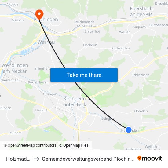 Holzmaden to Gemeindeverwaltungsverband Plochingen map