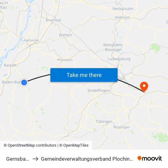 Gernsbach to Gemeindeverwaltungsverband Plochingen map